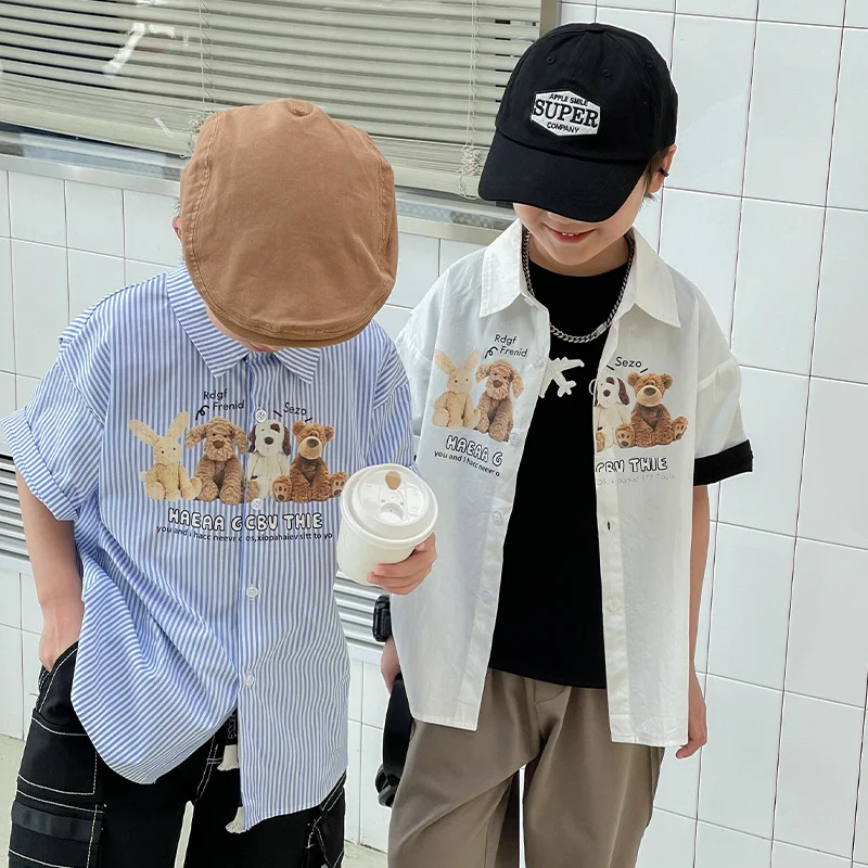 여름 유행 스트라이프 가디건 재킷, 캐주얼 트렌디 어린이 반팔 셔츠, 숲 시스템 소년 티셔츠