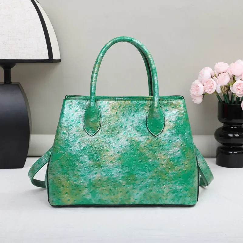 

New Genuine Leather Women's Handbags Large Capacity Lady Peacock Green Ostrich Grain Tote Bag Fashion Shoulder Messenger Bags