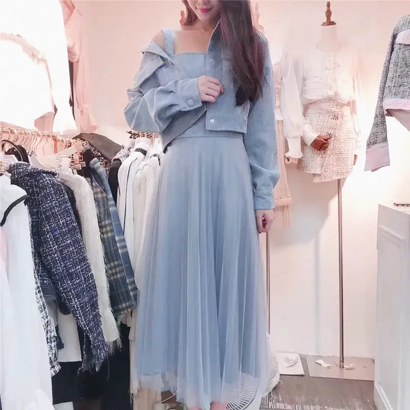 Women 2 Piece Set Spring Autumn Full Sweet Single Breasted Turn-down Collar Slip Dress Korean Ladylike Simple Dress