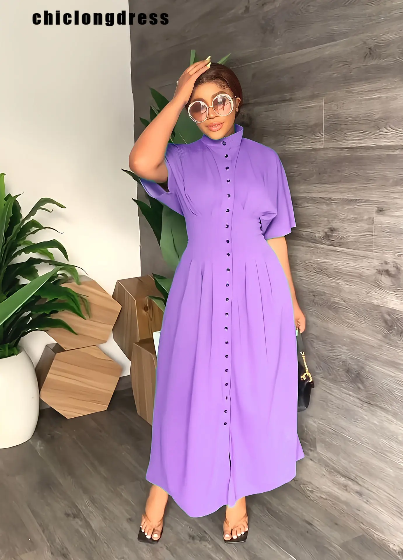 AutumnSummerElegantLongShirtDressWomenFashionSolidBatSleeve