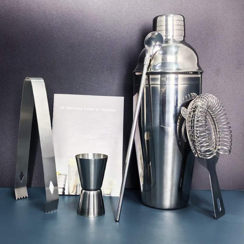 Description Picture 3 of item5 Piece Cocktail Shaker Set 750ml, Bartender Kit Shakers with Recipe, Jigger Ice Tongs Strainer Straw Spoon