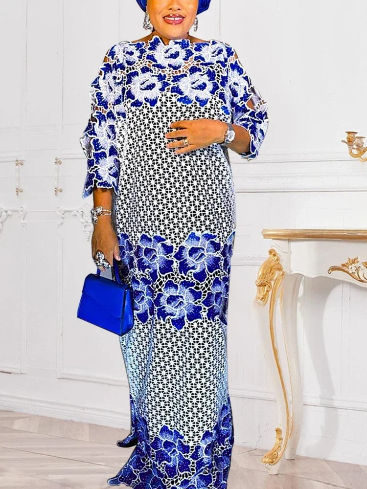 

Oversize Loose Women Embroidery Two Pieces Set O Neck Lace Patchwork Robes Black Spaghetti Strap Inner Evening Celebrate Suits