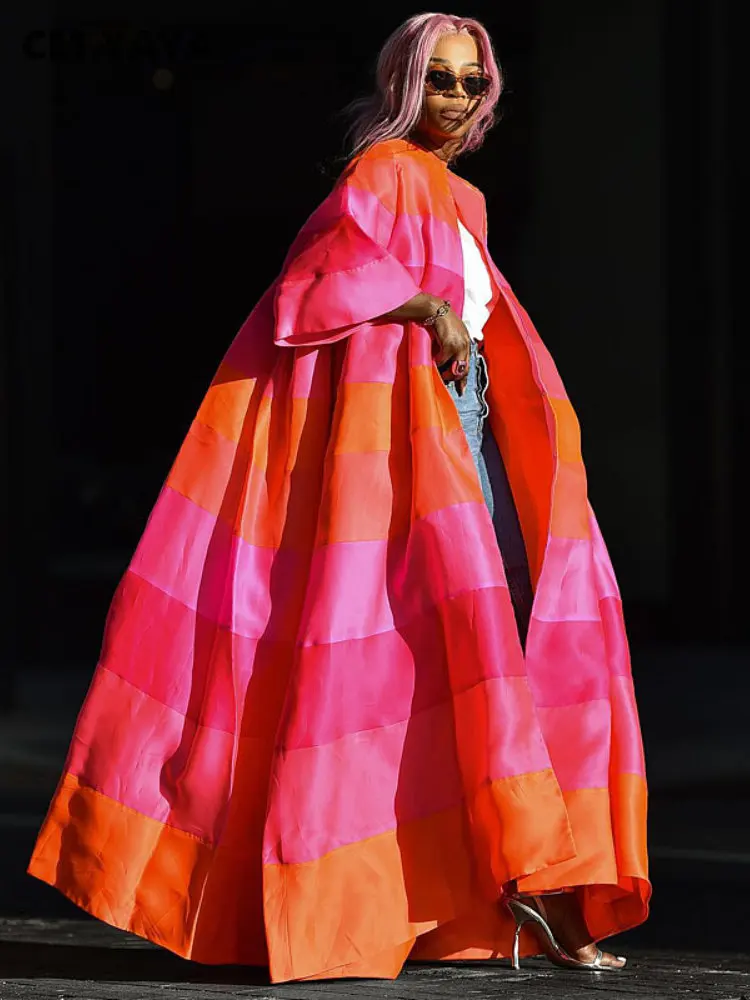 CMYAYAWomenFashionStripedBigSwing34SleeveMaxiLongCoverups