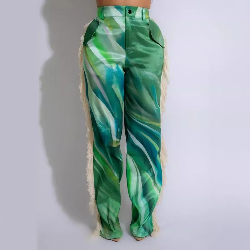Fashion Printed Tassel Straight Leg Casual Pants 2024 Summer New High Waist  Medium Strecth Women's Trousers Streetwear