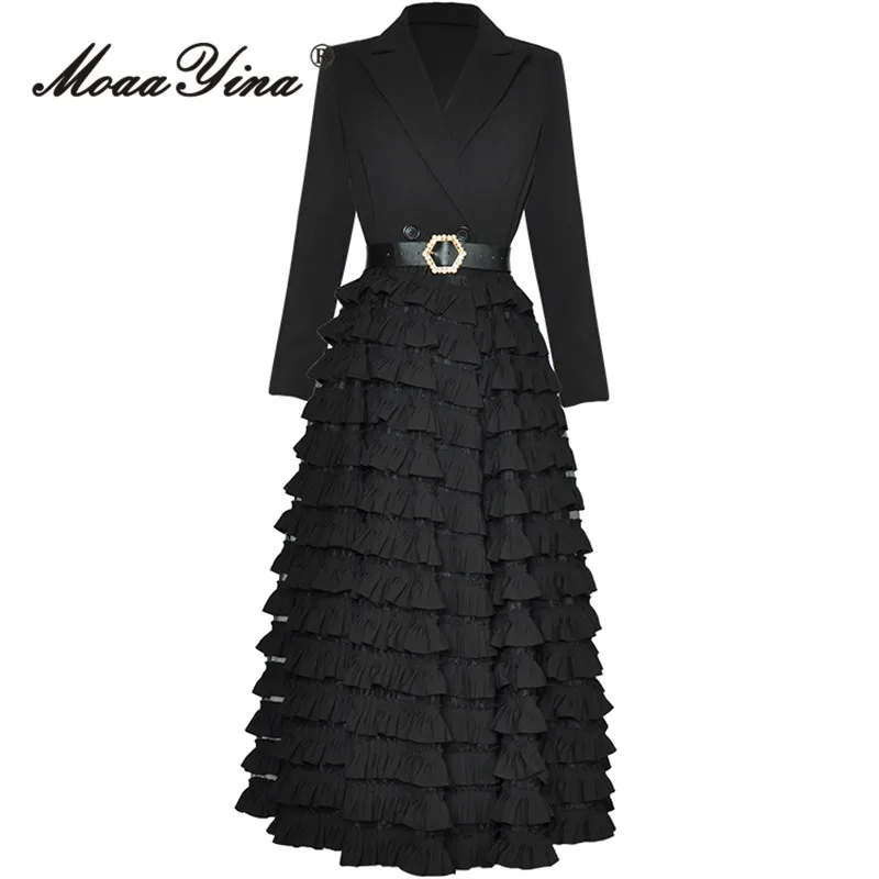 

MoaaYina Autumn Fashion Runway Black Vintage Spliced Dress Women Lapel Button Sashes Cascading Ruffle High Waist Slim Long Dress