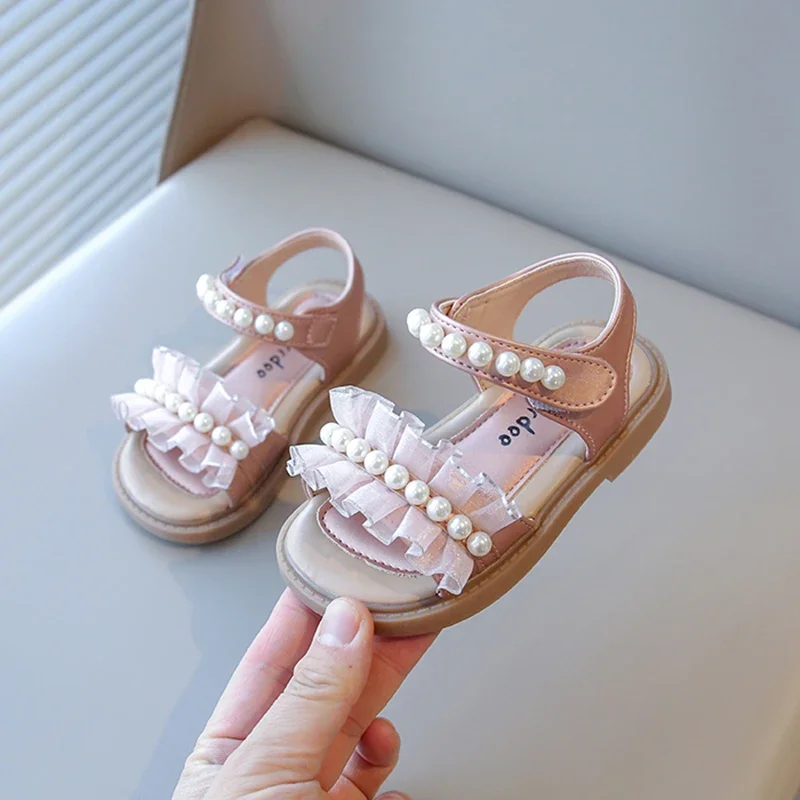 Girls Summer Sandals Kids Beach Shoes with Pearls and Lace