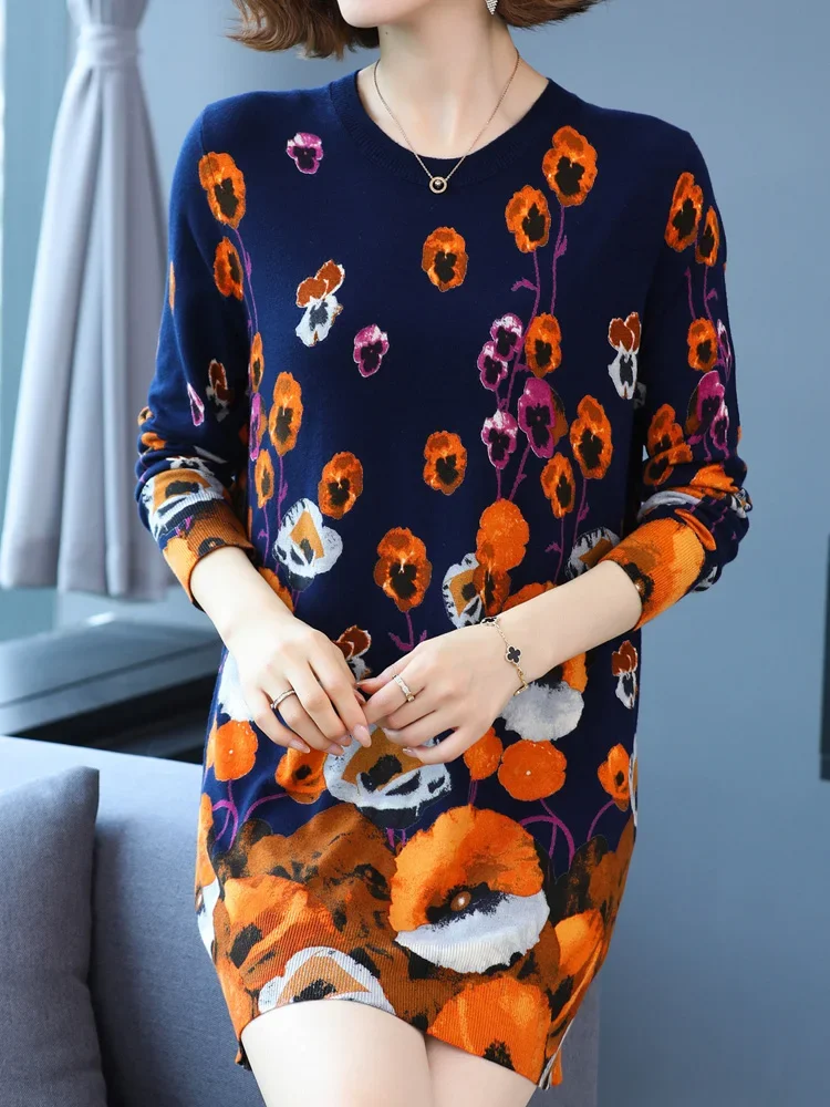 

Print Long Sweaters Dress Autumn Casual Women's Clothing Long Sleeve Top Pullovers Pull Elasticity Long Sweater Women