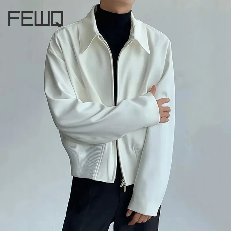 FEWQ Men’s Jacket Autumn Winter Paper Short Double Zipper Shoulder Pad 2023 Solid Color Long Sleeve Male Tops Fashion 24X2063