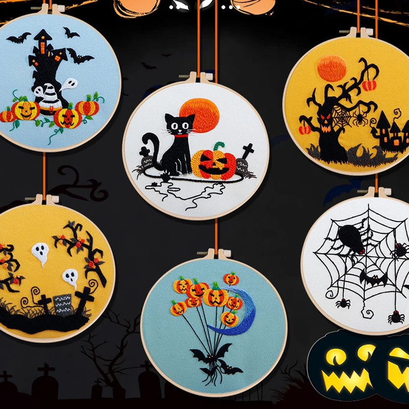 Embroidery Starter Kit for Adult Beginner with Halloween Pumpkin Spider Castle Pattern Stamped Cross Stitch Set