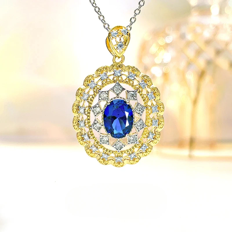 

Light Luxury Fashion 925 Sterling Silver Vintage Pendant High Carbon Diamond Blue Treasure Oval Wedding Jewelry Wholesale