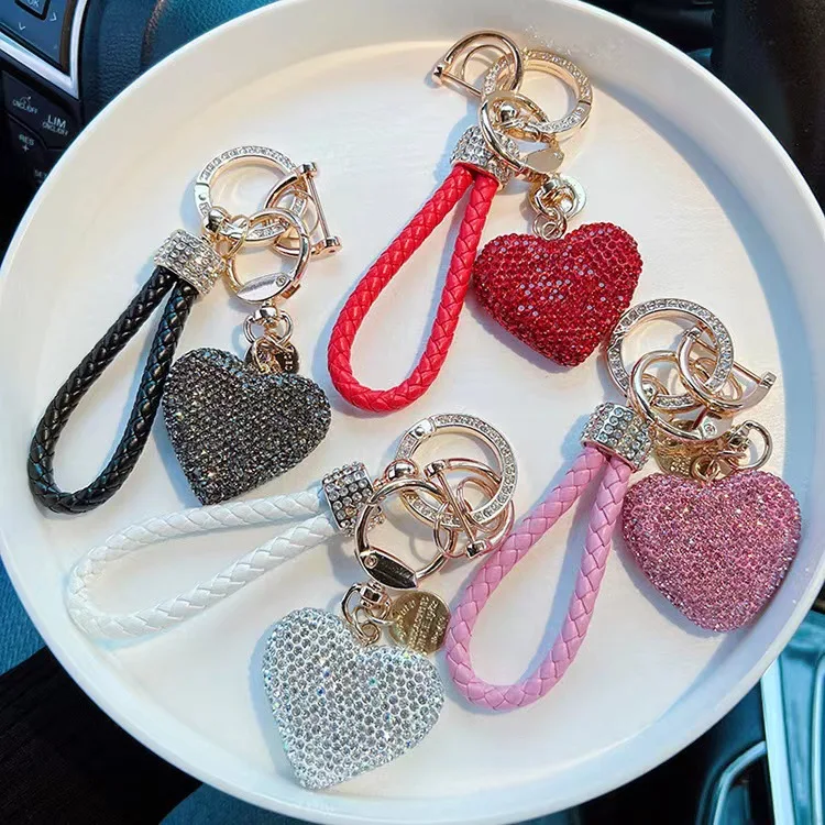 Full diamond love key Chain studded leather rope Heart