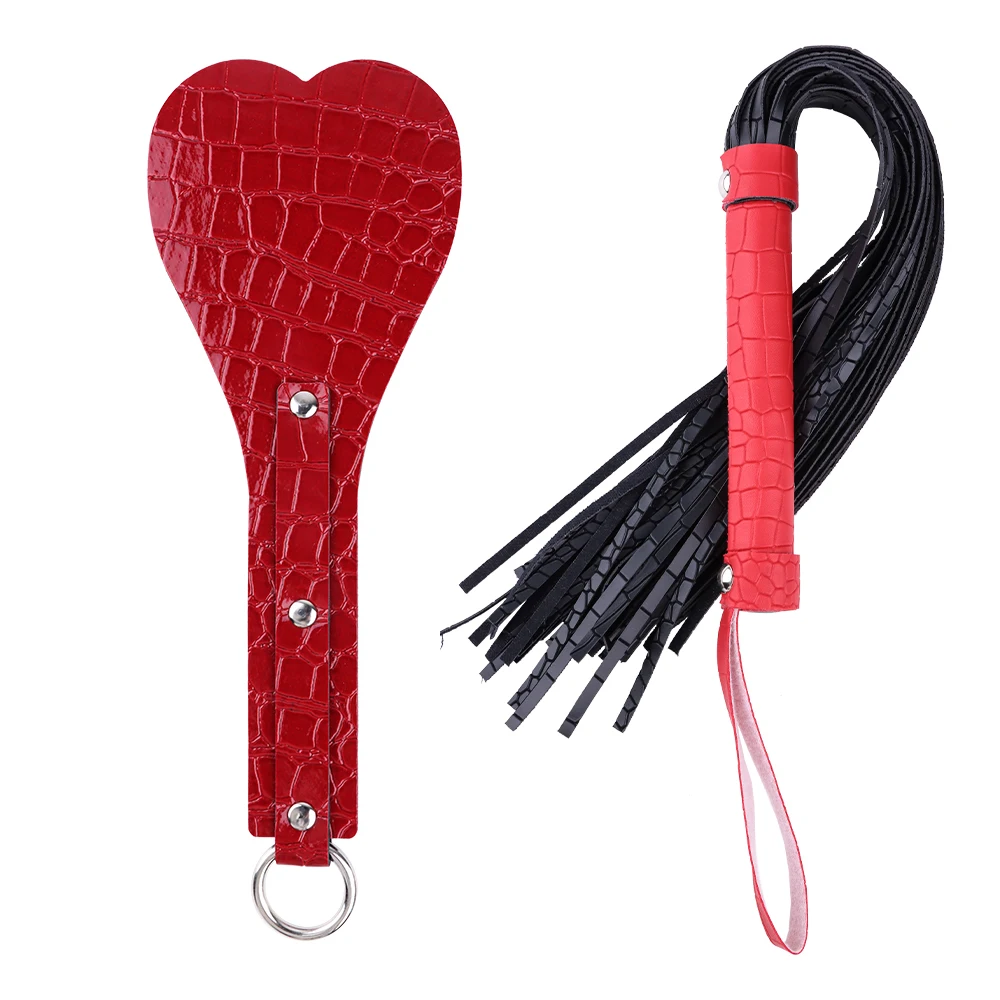 SM Sex Toy 2 PCS Bondage Kit Heart-Shaped PU Leather Spanking Paddle with Tassel Holding Hand Slapping Whip for Women & Couples