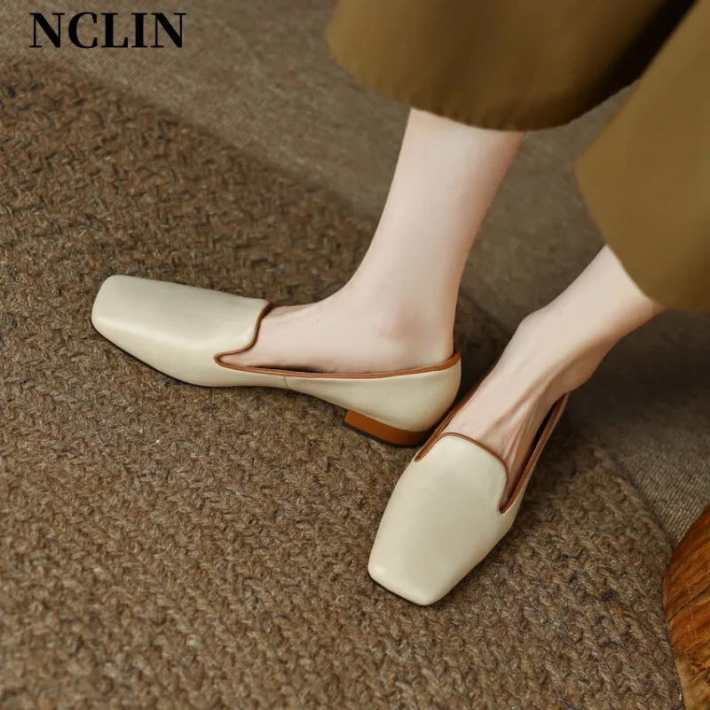

2024 Spring/Summer New Women Shoes Chunky Heels Square Toe Shoes For Women Genuine Leather Low Heels Loafers Zapatos De Mujer