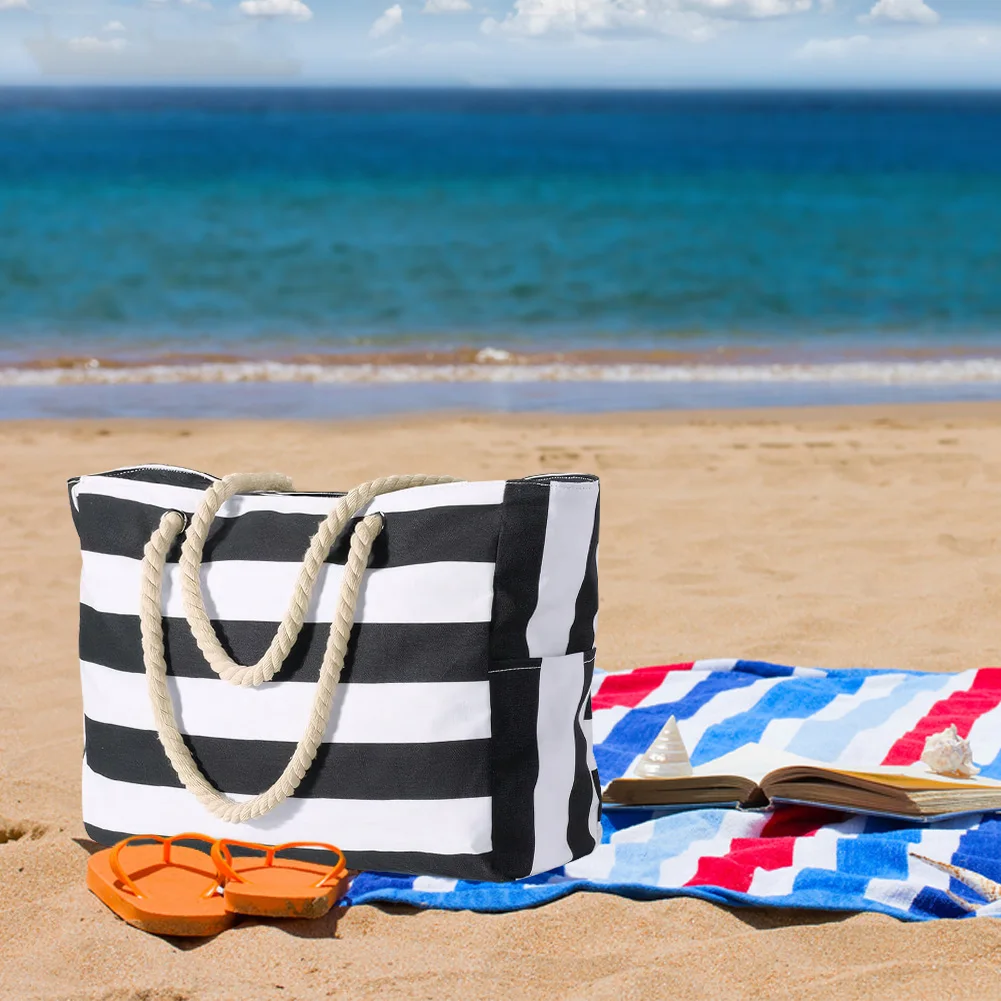 Borsa da Donna Bohemia Grande Capacità a Righe, Borsa da Spiaggia Impermeabile, Borsa a Tracolla in Tela per Vacanze Estive, Borsa da Viaggio e Piscina - immagine 3