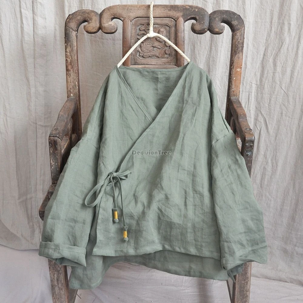 chinese national style v-neck vintage oblique lace-up cotton linen blouse top new women's loose irregular hem design shirt