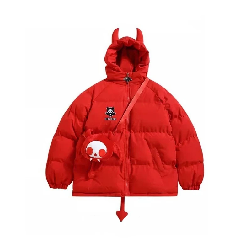 Women Black Gothic Thicken Parkas Jacket Hip Hop Devil Horns Wing Couple Hooded Padded Jacket Streetwear Emo Coat Winter Clothes 4