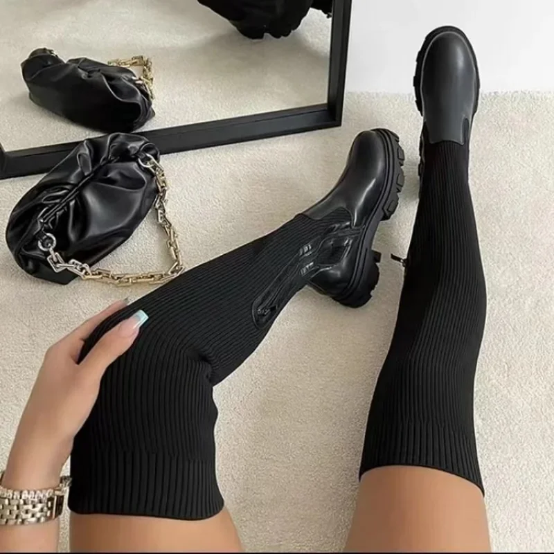 Women High Heel Boots Women Thick Sole Boots Autumn Winter Breathable Knitting Sock Ladies Thigh High Stretch Round Toe Plus Size 43 women high heel boots women snow boots