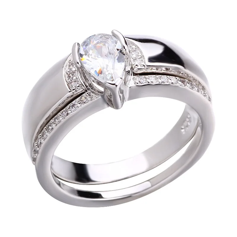 Exquisite Frauen Silber Farbe Wasser tropfen Metall eingelegt weiß runde Zicron Steine Ring Set Hochzeit Verlobung ringe Schmuck