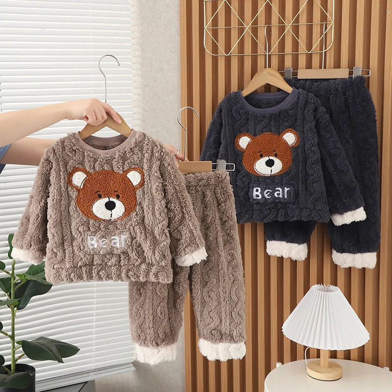 

Boys Sleepwear Clothes Sets Autumn Winter Children Thick Velvet Sweatshirt Coats Pants 2pcs Pajamas Suit For Baby Girl Costume