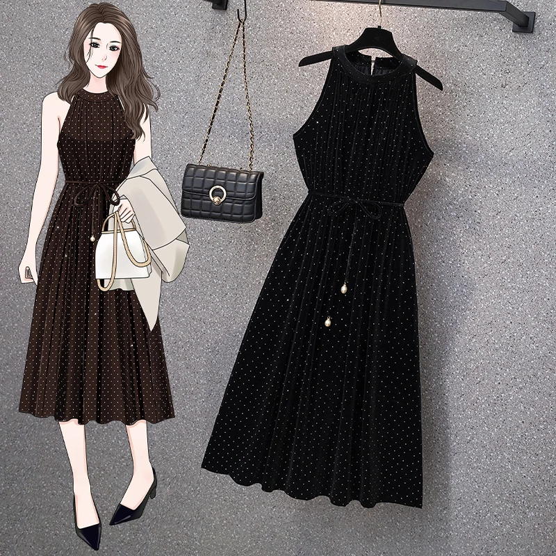 

Elegant Velvet Halter Long Dresses For Women Large Size Autumn Female O Neck Sleeveless Black Coffee Dot Printed Pleated Vestido