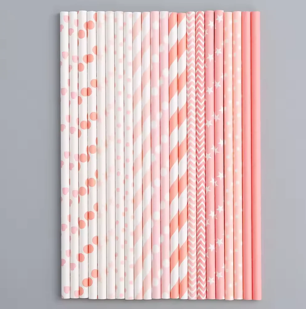 6*197mm Pink Mixed Paper Straws 600 Pcs Paper Drinking Straws For Wedding Party Restaurant Juice Coffee Cold Drinks Dessert