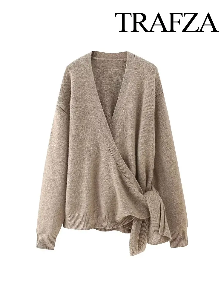 

TRAFZA Spring Women's Fashion V-neck Asymmetric Bow Decorated Long Sleeve Jacket Textured Cashmere Women's Knitted Cardigan