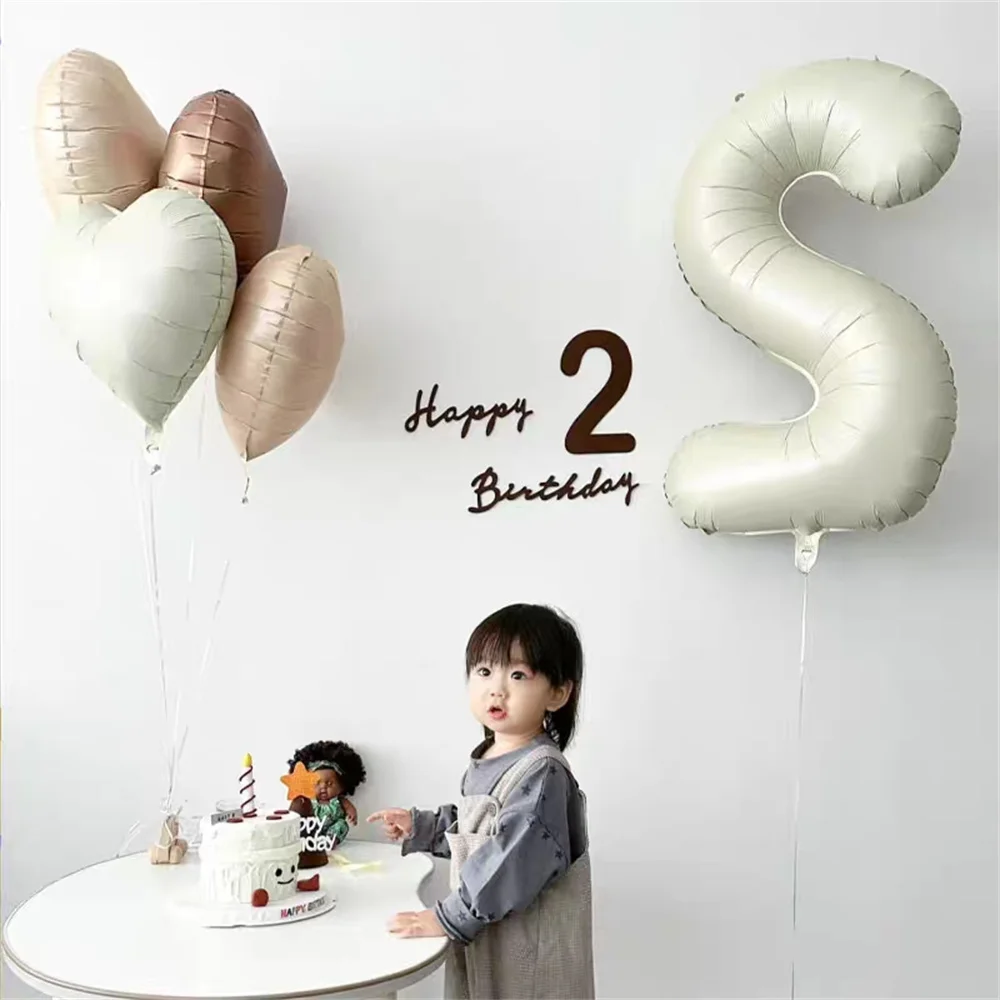 6Pcs Retro Caramel Beige Cream Number Foil Balloons 18inch Heart Balloons foil number balloons foil balloons birthday balloons birthday balloon set party balloon set birthday party decoration set Kids 1 2 3th Birthday Baby Shower Party Decoration