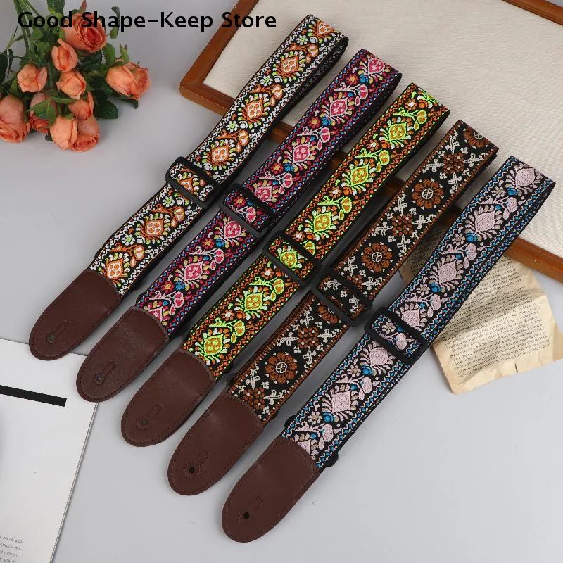 조절 가능한 기타 스트랩, 일렉트릭 및 어쿠스틱 베이스용 목 스트랩, 면 가죽 자수 스트랩, 악기 액세서리