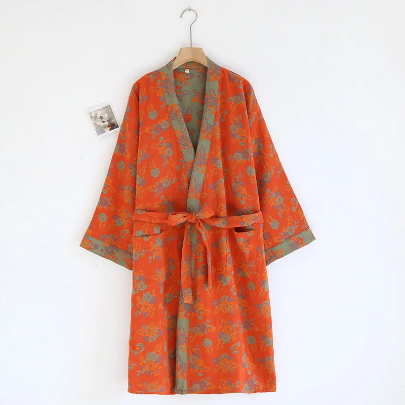 Women's Printed Cotton Loose Fitting Bathrobe Japanese Style Kimono with Belt Bathrobe Sweat Steaming Pajamas Robes Women