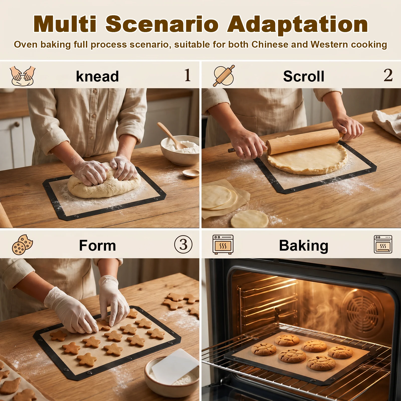Silicone Fiber Non-Slip Baking Mat with Scraper and Brush