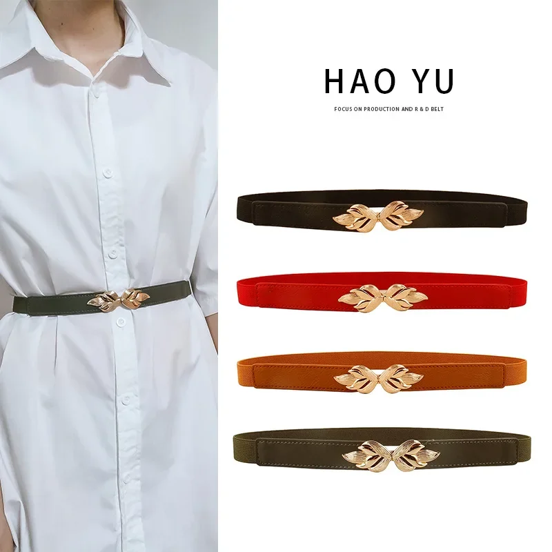 Fashion Leaf Thin Belt Stretch Dress Belt Women Fashion Waist Thin Buckle Waistband for Ladies Belt Decoration Narrow