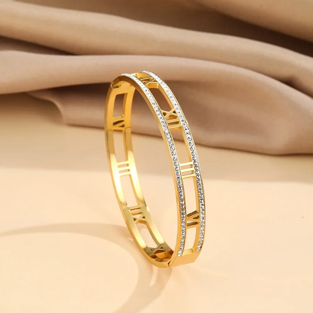 Luxury Crystal Hollow Roman Numeral Bracelets For Women Men Stainless Steel Unisex Bangle Fashion Classic Jewelry Accessories 2