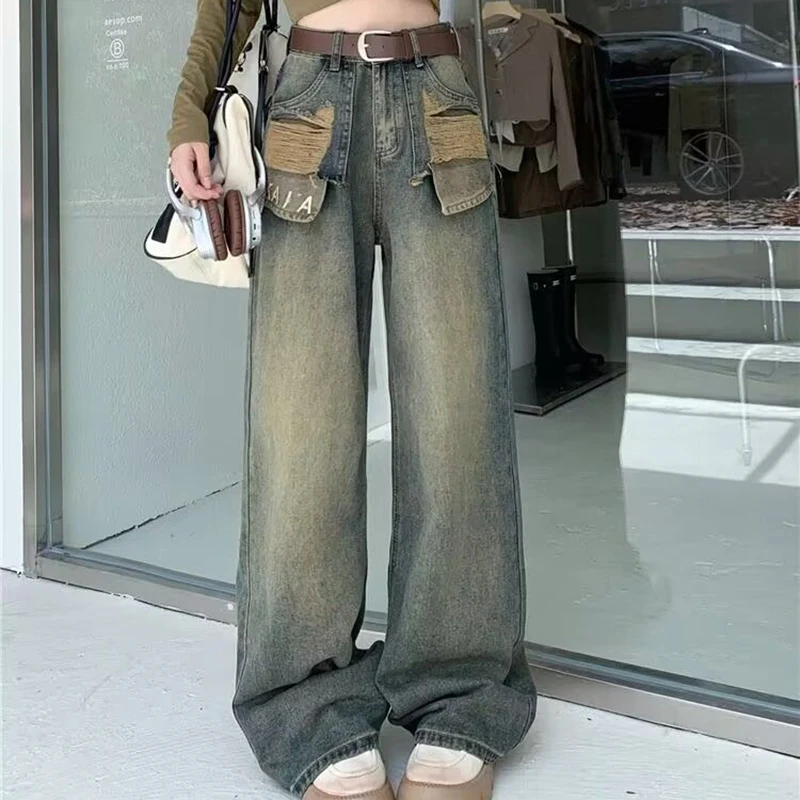 

Fashion Harajuku Blue Raw Wide Leg Baggy Jeans Women Retro Streetwear Washed Casual High Waist Straight Leg Jeans Female
