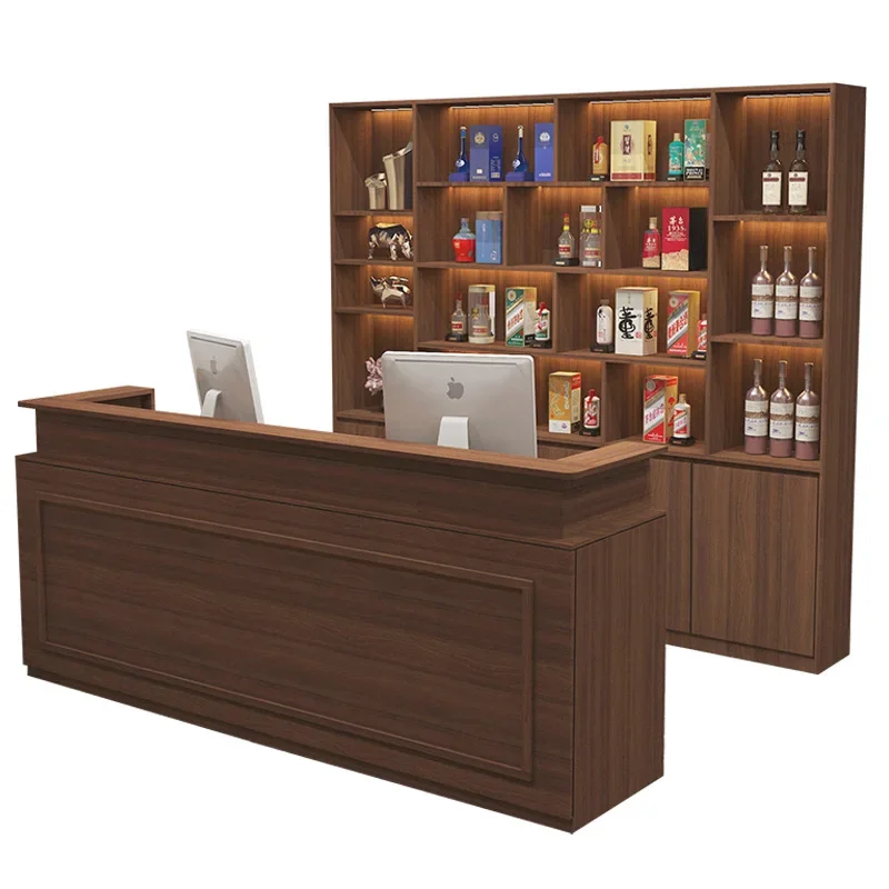 Commercial Checkout Counter with Wine Cabinet, Chinese Vintage Reception Desk, Support Customization, Suitable for Restaurants