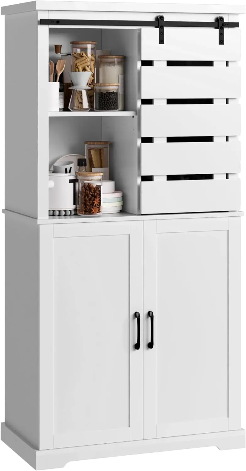 

Kitchen Pantry Storage Cabinet with Sliding Barn Door and Adjustable Shelves, Tall Cupboard for Dining Living Room, White