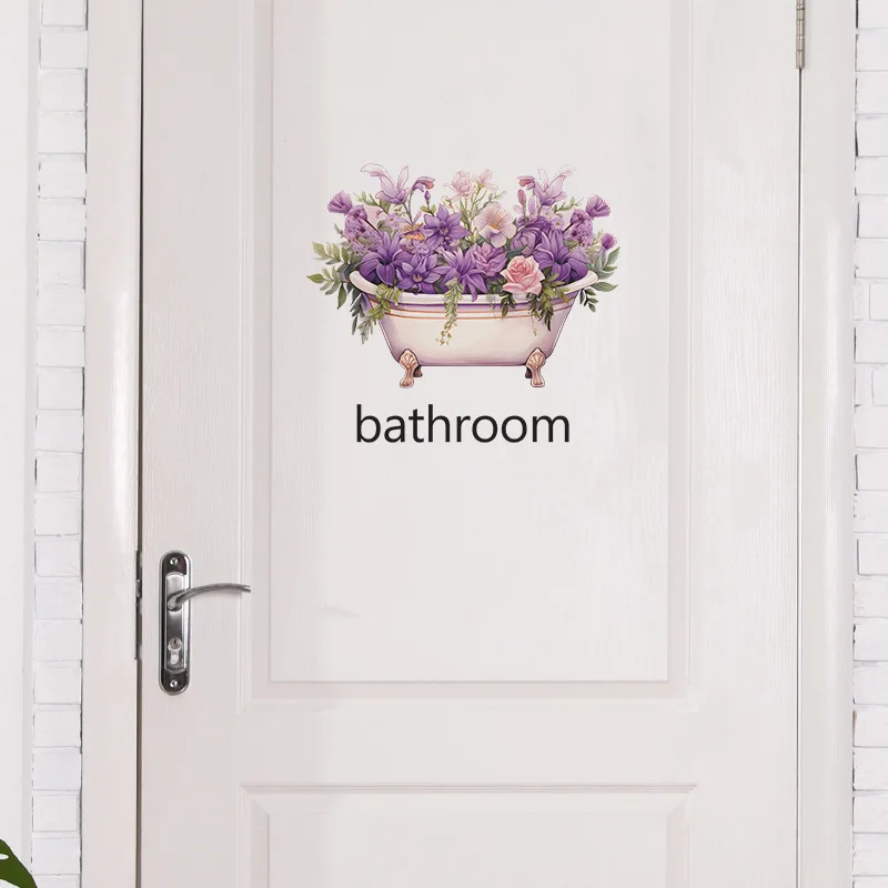 Beautiful Bathtub Flowers Wall Stickers Toilet Bathroom Door Decoration Mural Home Decor Self-adhesive Beautify Wallpaper Manga