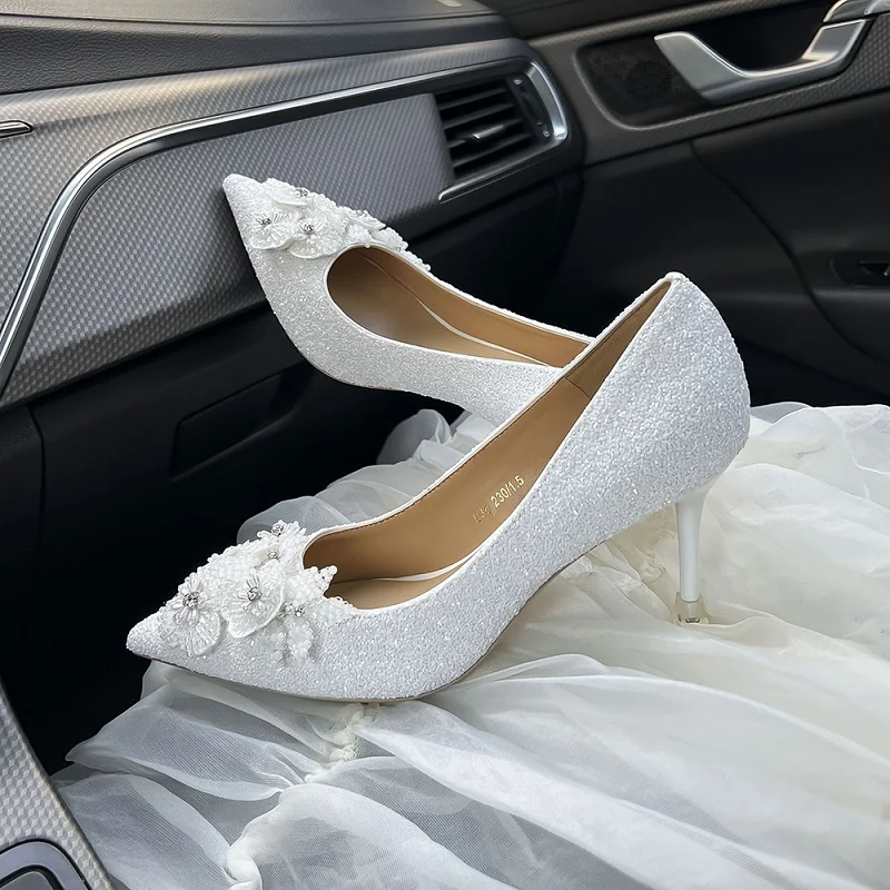 

Spring and summer new pointy sequins rhinestone pearl wedding shoes thin high heels banquet dress large women's single shoes