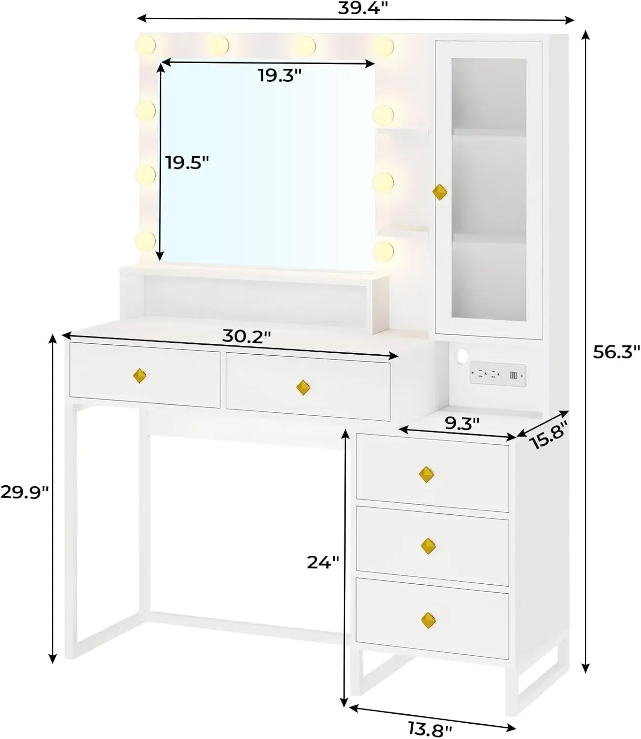Vanity Desk with Mirror and Lights, Makeup Vanity with Lights & Charging Station, Makeup Desk with 5 Drawers & Storage Shelves 5
