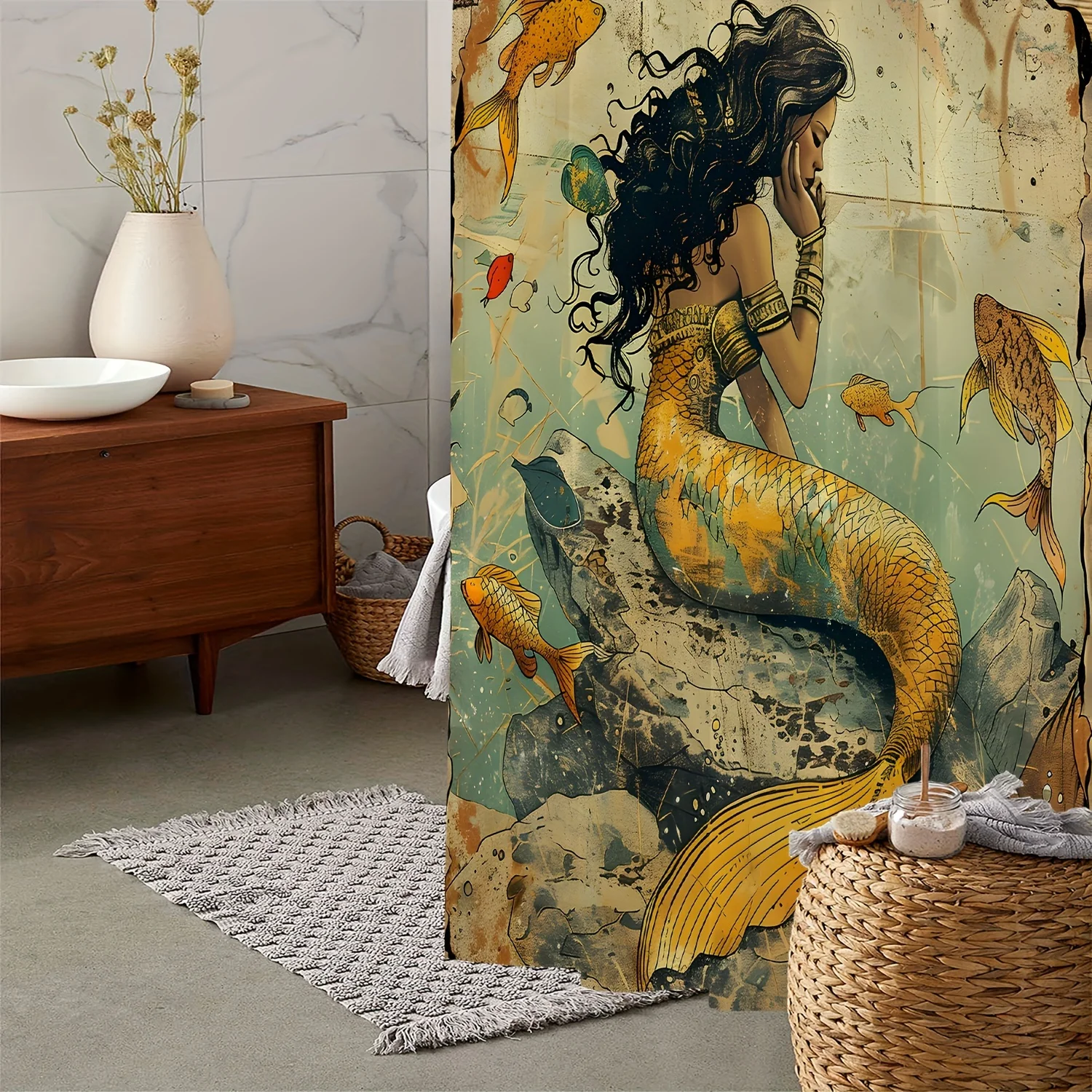Enchanting Mermaid and Fish Waterproof Shower Curtain - Vintage Ocean Decor, High-Quality Fabric, Durable and Stylish 3