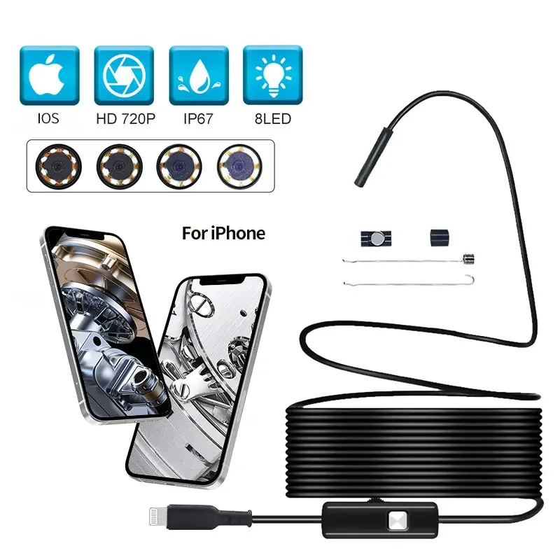 Endoscope for IOS 8mm 720P Borescope Inspection Snake Camera IP67 Waterproof Semi-rigid Cable With 8 LED For iOS teslong dual lens endoscope inspection camera with 5 monitor 5mm ultra slim waterproof borescope camera with flashlight