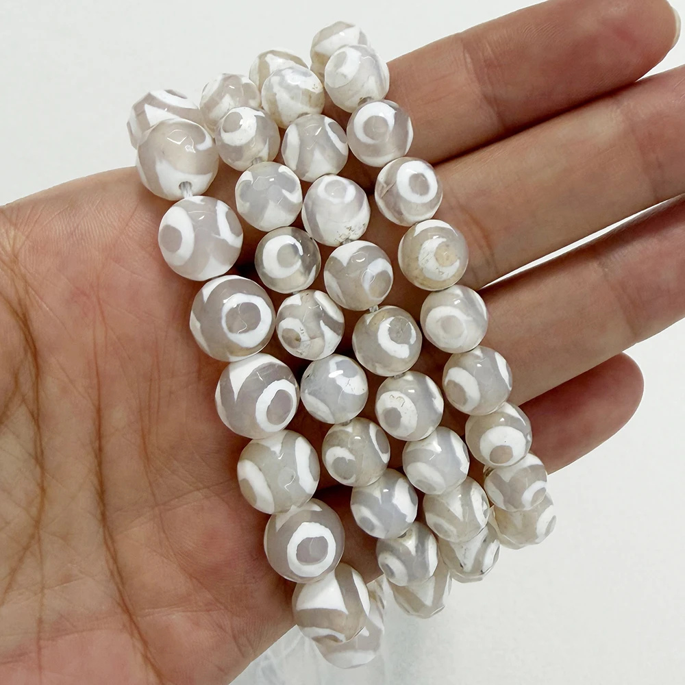 Naturstein Facettiertes Augenmuster Weißer tibetischer Achat Runde lose Perlen 8 10 12 MM Auswahlgröße für Schmuck