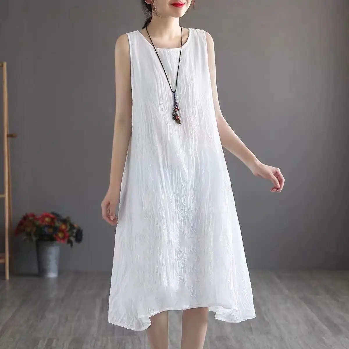 

New Summer 2024 Fashion A-line Dress Solid Color Sleeveless Cotton Linen Dress
