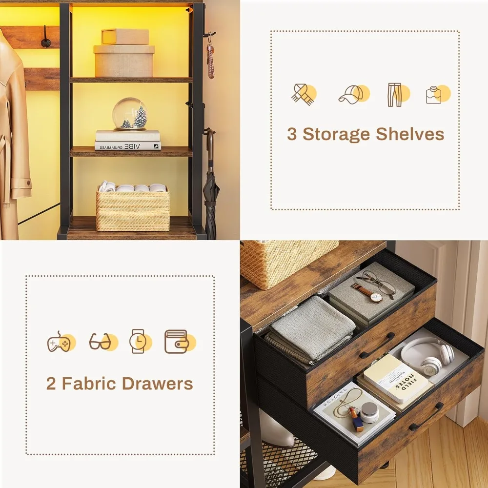 hall tree with bench and shoe storage, 7-in-1 entryway bench with coat rack, 3 storage cubbies, 3 open shelves, 17 coat hooks,