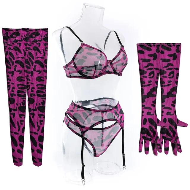 Pink Leopard Print Lingerie Set with Gloves and Stockings 20