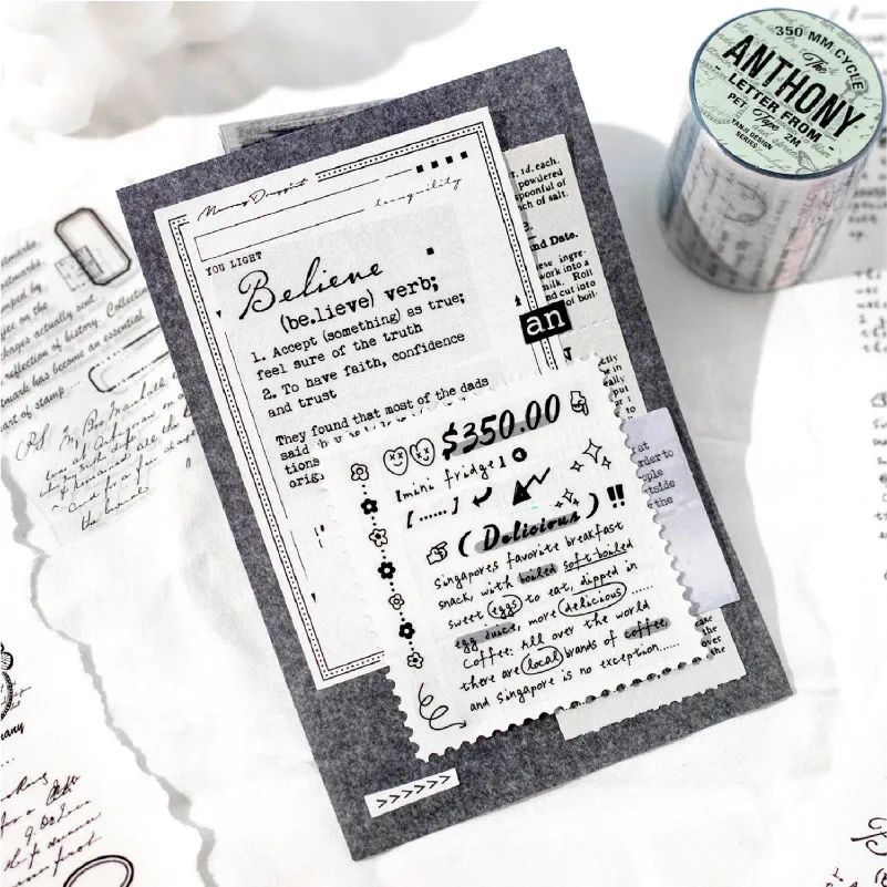 Journamm 50mm*2m Text Tape Collage Stickers 350mm Cycle PET Material Decor Junk Journal DIY Scrapbooking School Supplies