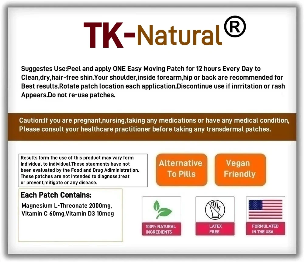 30 Patches Magnesium L-Threonate Transdermal Patches for Focus, Memory, Brain & Sleep Support
