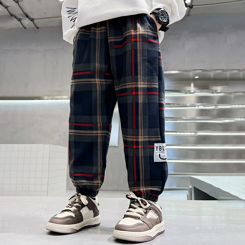 بنطلونات كاجوال للأولاد من 3-12 سنة لفصلي الربيع والخريف، موديل 2026 الجديد، سراويل رياضية فضفاضة من القطن بنقشة مربعات للأطفال، ملابس أطفال