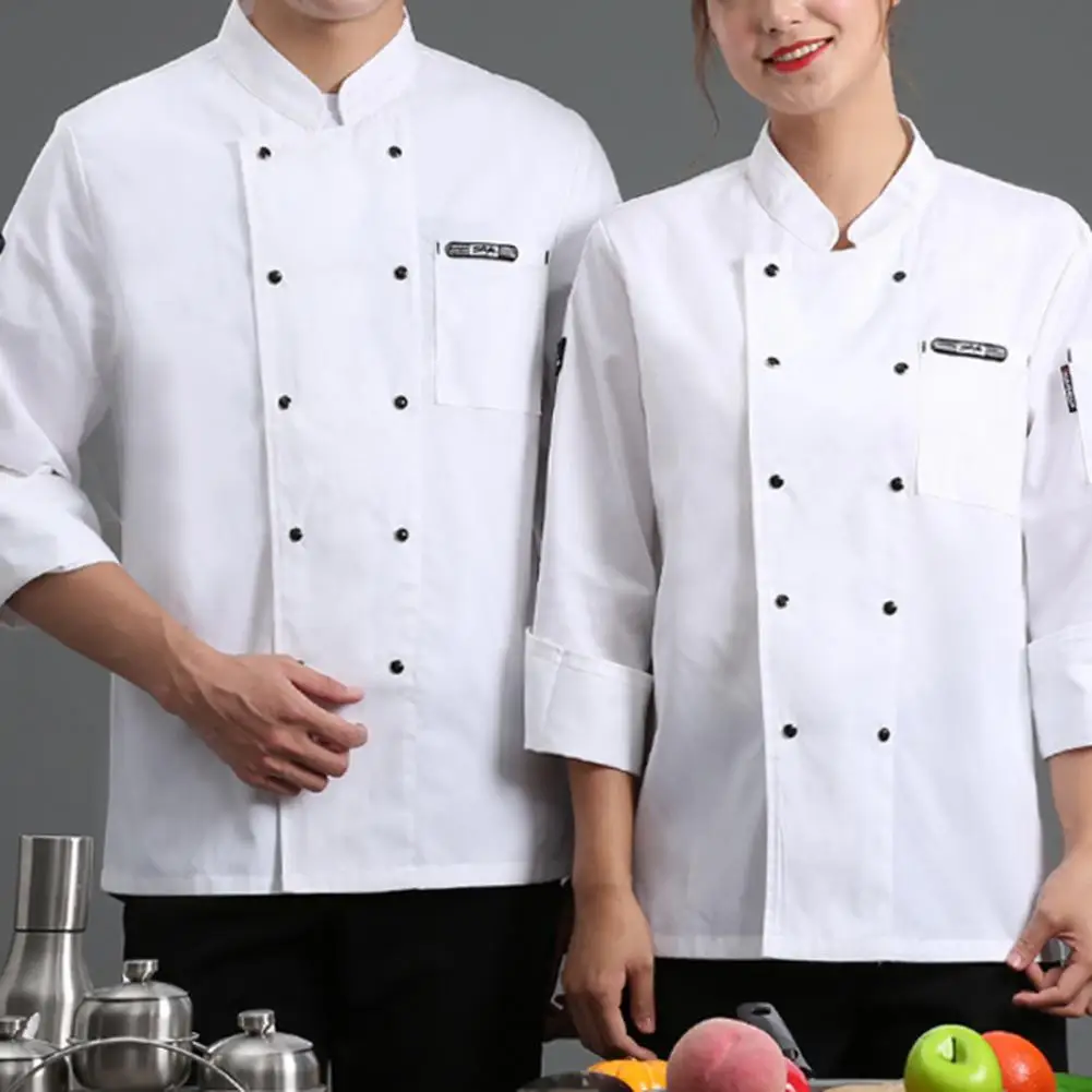 

Chef Top Solid Color Pocket Long Sleeve Lightweight Double-breasted Catering Buttons Plus Size Unisex Cook Shirt Chef Clothes