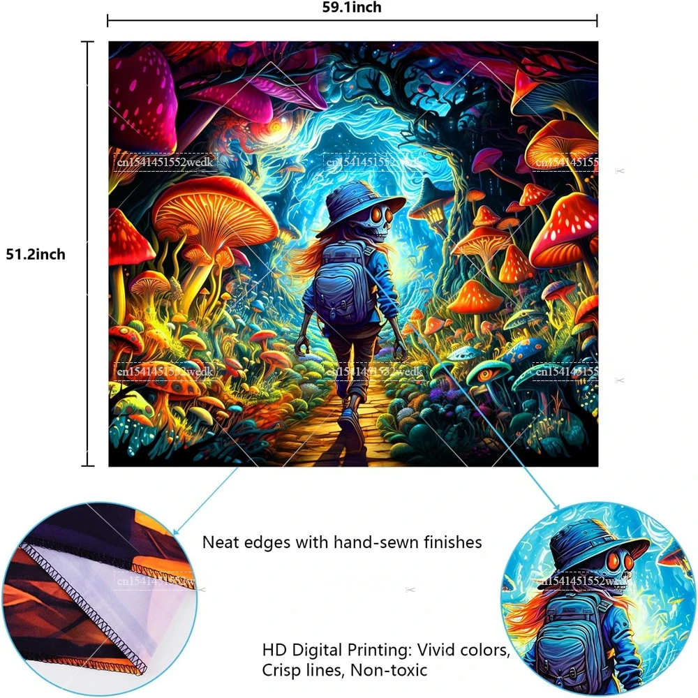 Tapestry Decorations Blacklight Mushroom UV Reactive Hippie Skull Wall Hanging Eyes Forest Glow In The Dark