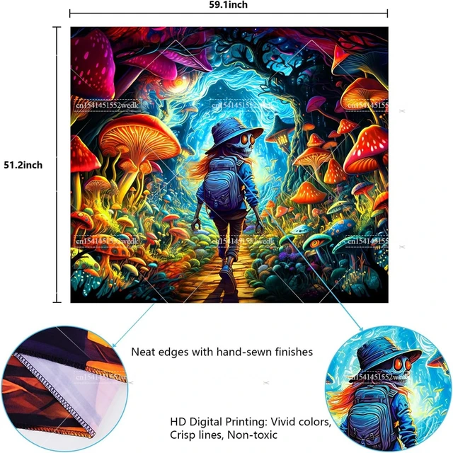 Tapisserie de champignons à lumière noire, crâne Hippie réactif aux UV, tenture murale des yeux, tapisserie de forêt, affiches qui brillent dans la nuit 4